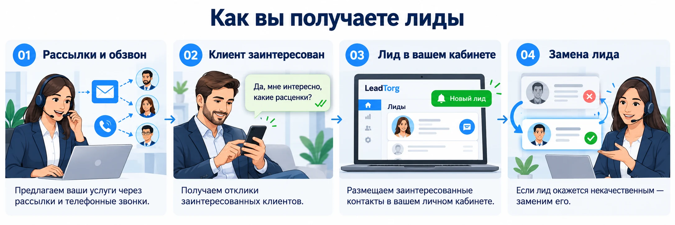 Как вы получаете лиды: рассылки и обзвон, отклик заинтересованного клиента, лид в личном кабинете, замена некачественного лида.